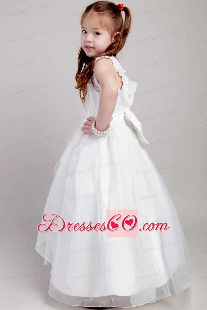 White A-line Straps Ankle-length Taffeta And Organza Appliques Flower Girl Dress