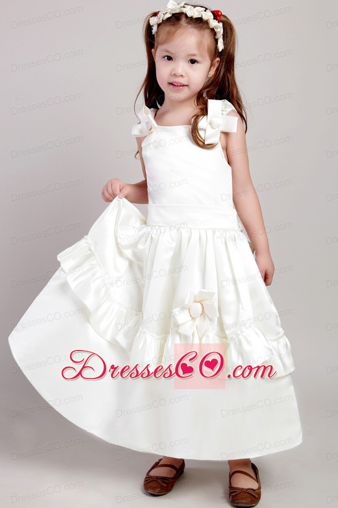 White A-line Straps Ankle-length Taffeta Bow Flower Girl Dress