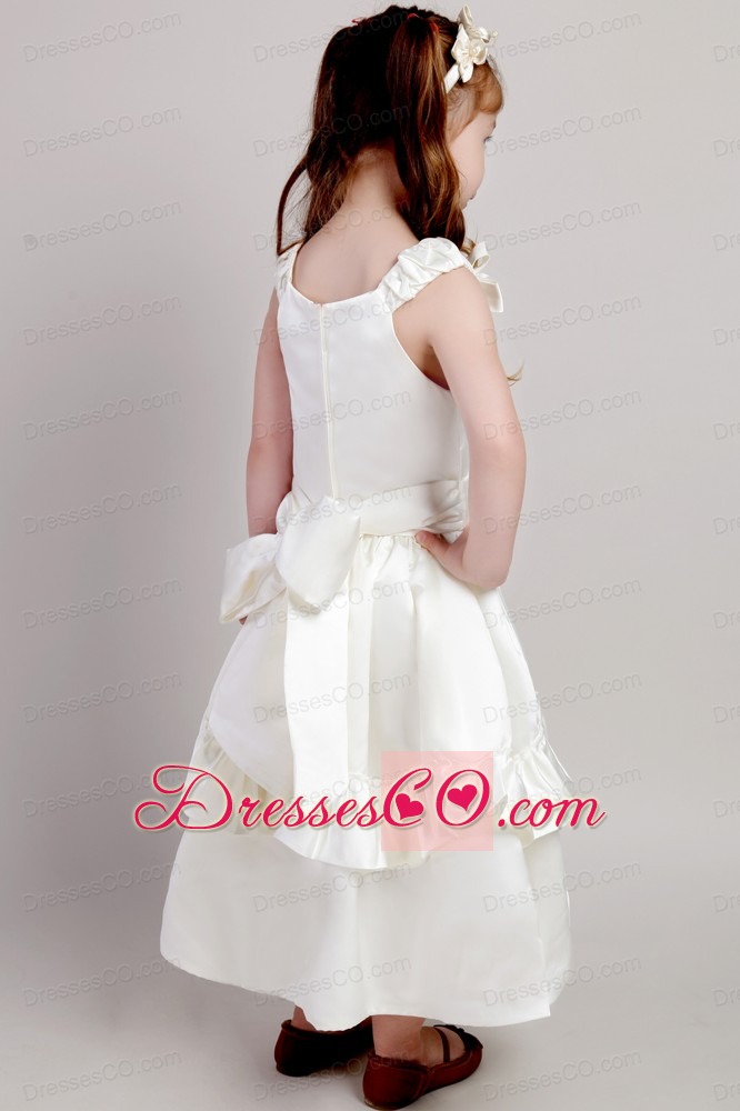 White A-line Straps Ankle-length Taffeta Bow Flower Girl Dress