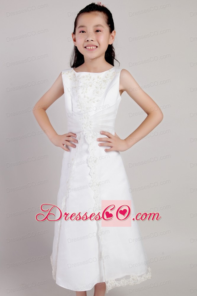 White A-line Scoop Tea-length Taffeta And Organza Appliques Flower Girl Dress