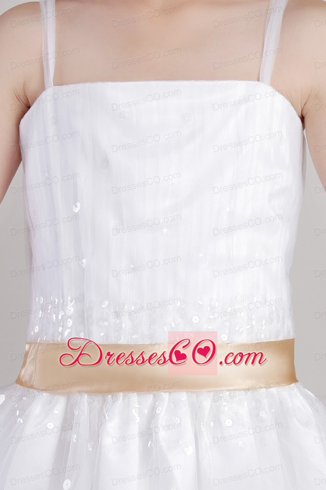 White Column Straps Tea-length Tulle Sequins And Belt Little Girl Dress