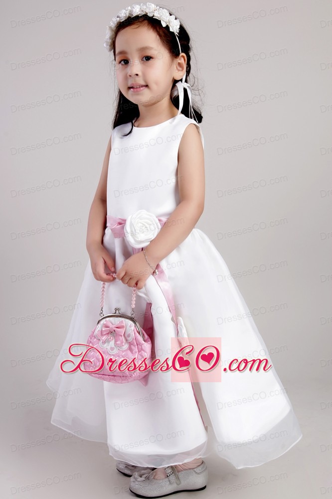 White A-line Scoop Ankle-length Organza Belt And Hand Made Flowers Little Girl Dress