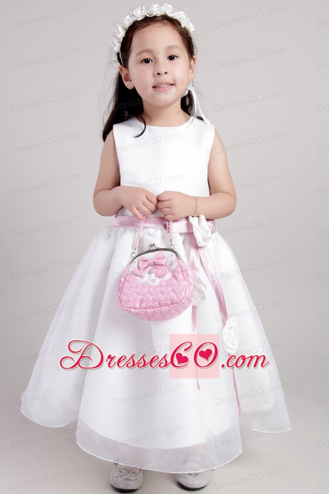 White A-line Scoop Ankle-length Organza Belt And Hand Made Flowers Little Girl Dress