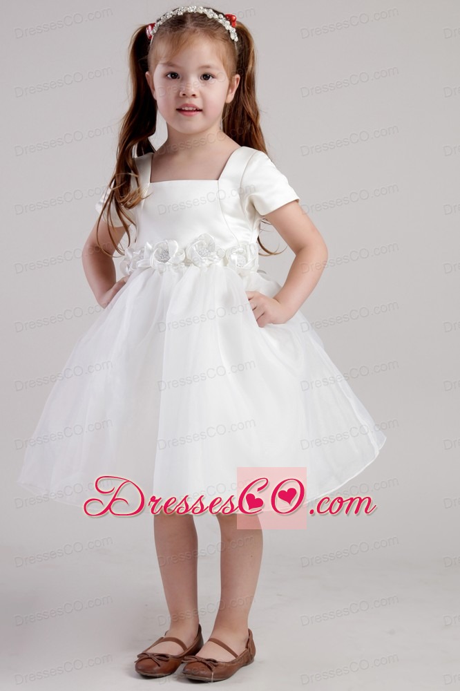 White A-line Square Knee-length Organza Hand Made Flowers Little Girl Dress