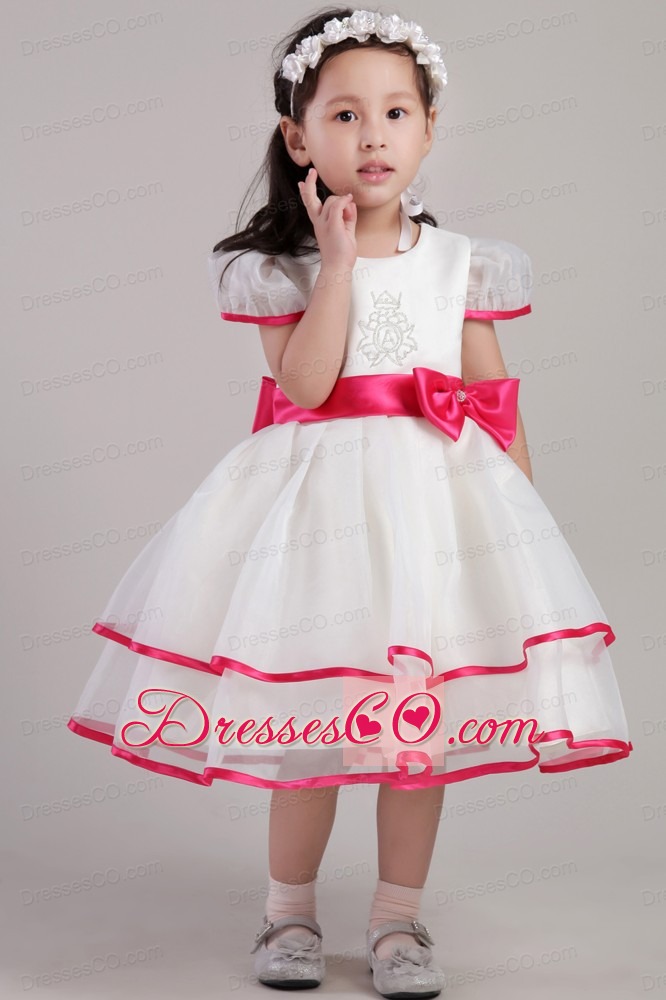 White Princess Scoop Tea-length Organza Beading And Bowknot Little Girl Dress