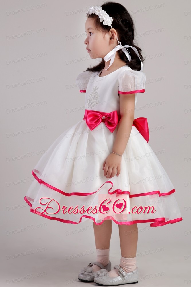 White Princess Scoop Tea-length Organza Beading And Bowknot Little Girl Dress