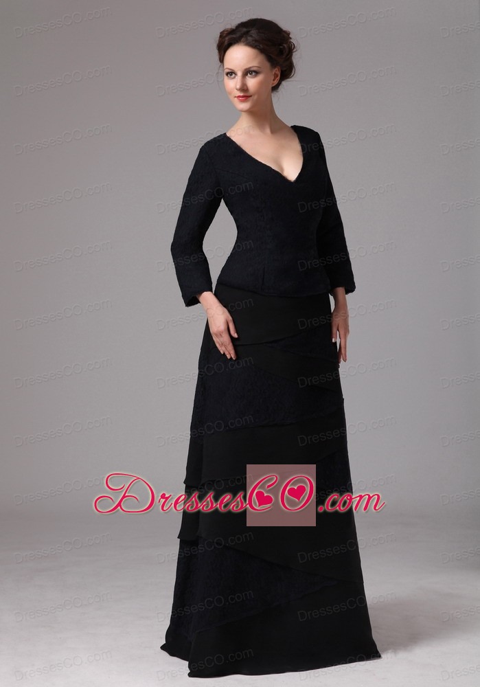 Black V-neck Layers 3/4 Length Sleeves Mother Of The Bride Dress