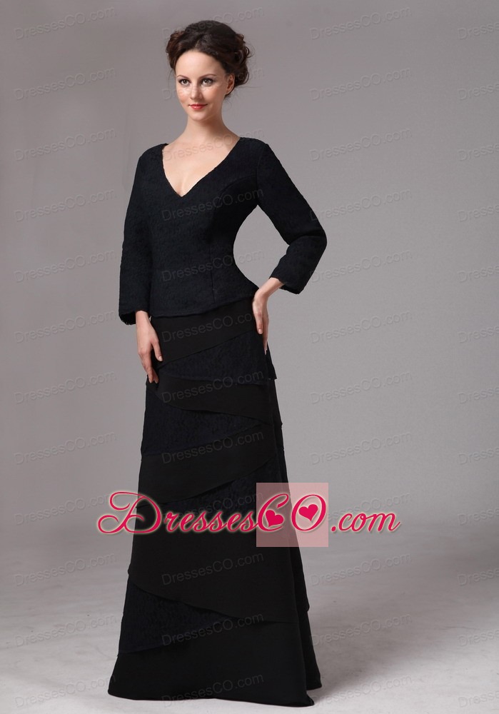 Black V-neck Layers 3/4 Length Sleeves Mother Of The Bride Dress
