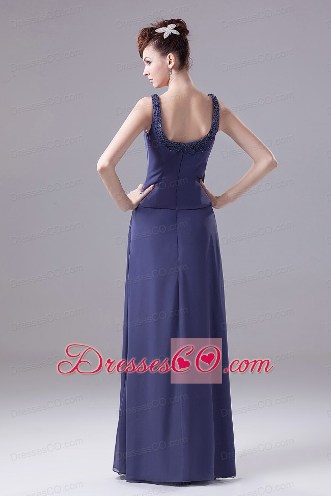 Navy Blue Empire Beaded Decorate Shoulder Mother Of The Bride Dress With Square