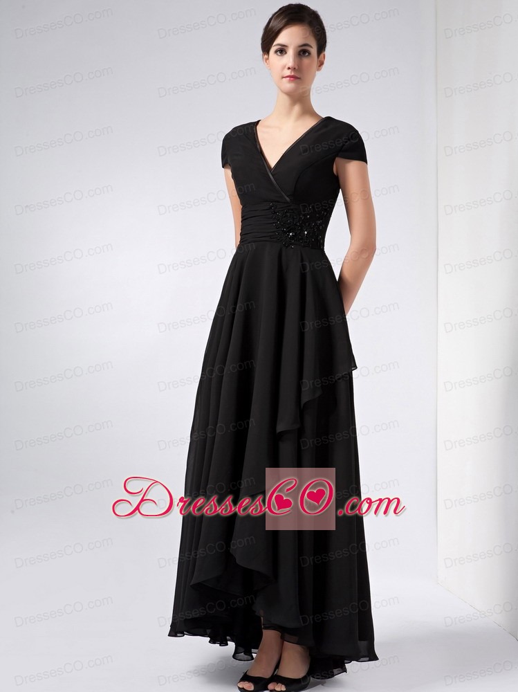 Black A-line V-neck Ankle-length Chiffon Sequins Mother Of The Bride Dress