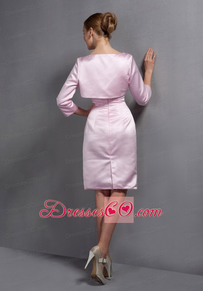 Baby Pink Column V-neck Knee-length Taffeta Ruching And Appliques Mother Of The Bride Dress