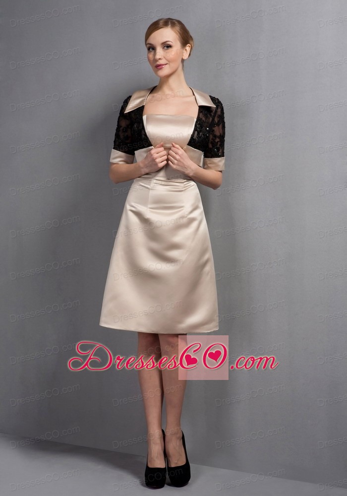 Champagne A-line Strapless Knee-length Satin Hand Made Flowers Mother Of The Bride Dress