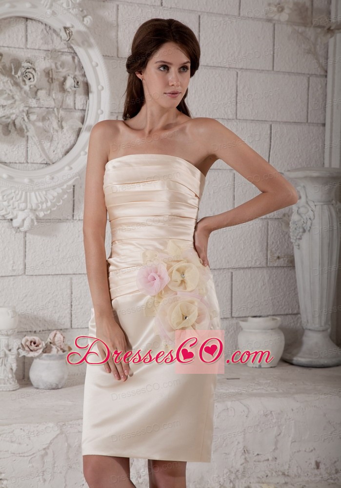 Champagne Column Strapless Knee-length Satin Hand Made Flowers And Ruching Mother Of The Bride Dress