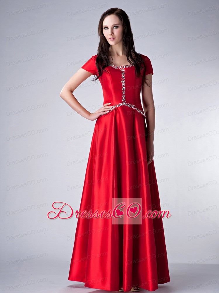 Red Empire Scoop Long Satin Beading Bridesmaid Dress