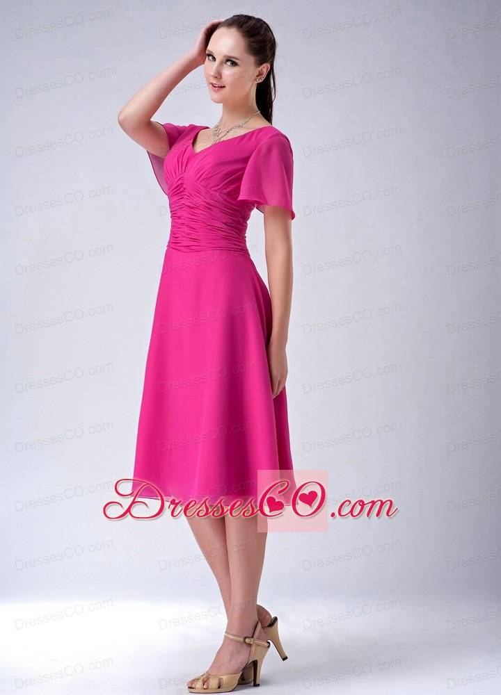 Hot Pink A-line / Princess V-neck Tea-length Chiffon Bridesmaid Dress