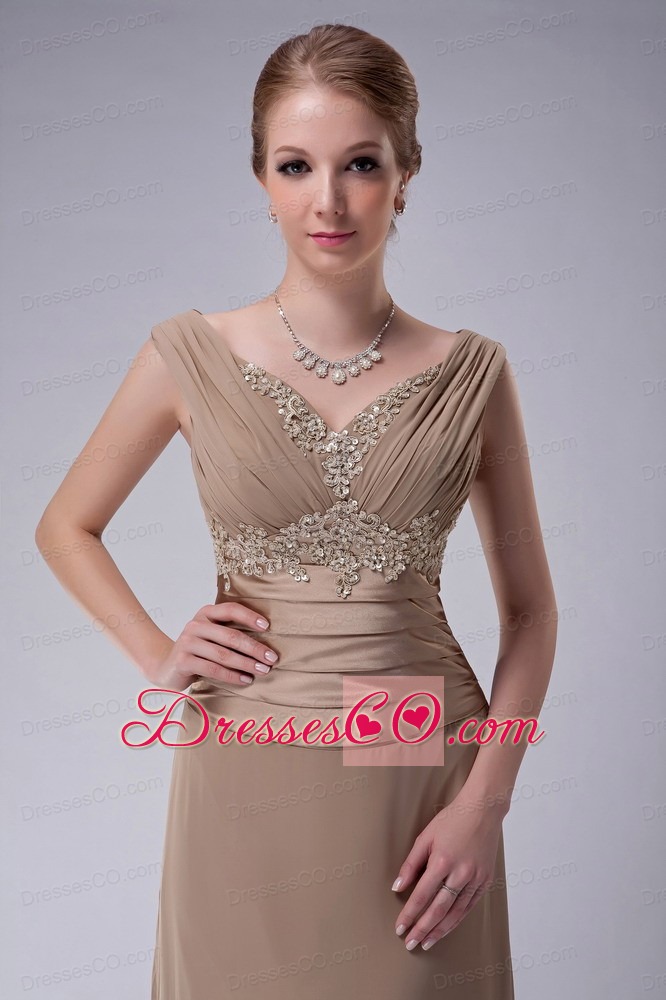 Champagne Column V-neck Long Chiffon Appliques Mother Of The Bride Dress