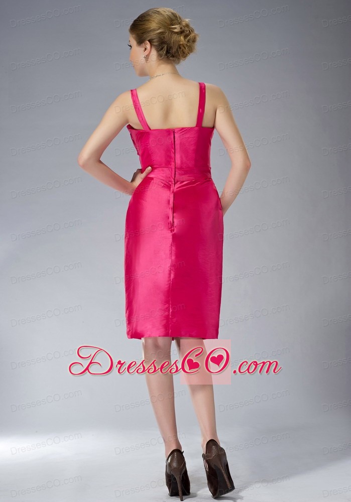 Hot Pink Column Straps Knee-length Taffeta Beading Prom / Homecoming Dress