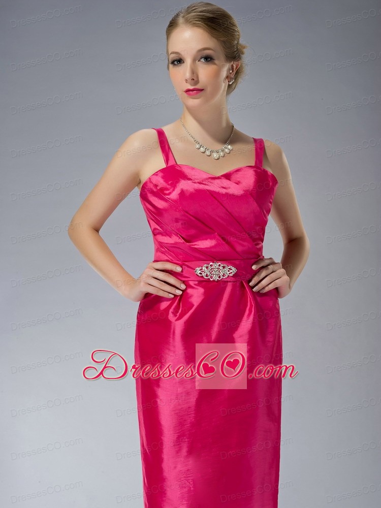 Hot Pink Column Straps Knee-length Taffeta Beading Prom / Homecoming Dress