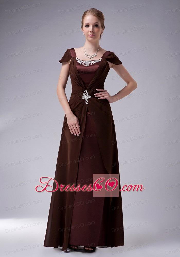 Brown Column Square Long Chiffon Beaidng Mother Of The Bride Dress
