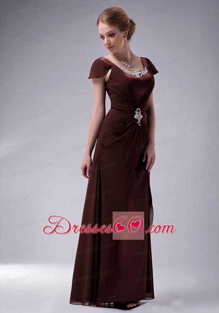 Brown Column Square Long Chiffon Beaidng Mother Of The Bride Dress