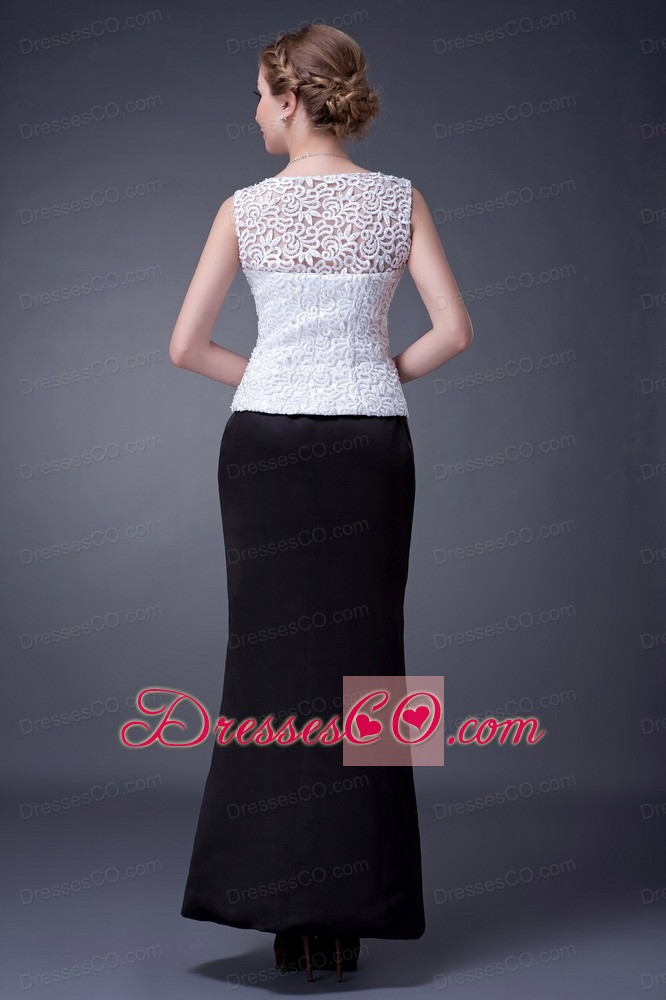 Black And White Column V-neck Ankle-length Lace And Satin Mother Of The Bride Dress