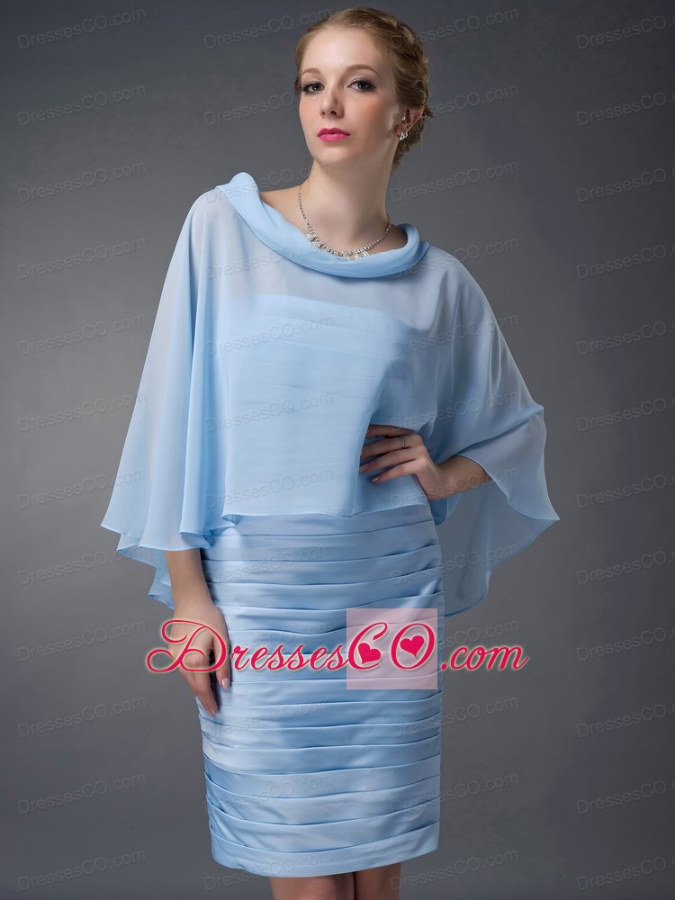 Baby Blue Column Scoop Knee-length Chiffon Ruching Mother Of The Bride Dress