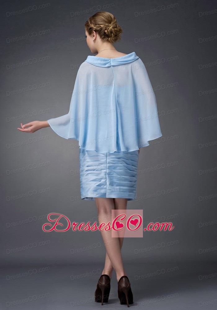Baby Blue Column Scoop Knee-length Chiffon Ruching Mother Of The Bride Dress