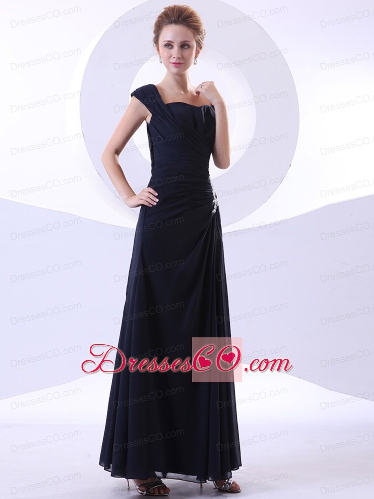 Appliques Decorate Bodice Ankle-length Straps Navy Blue Prom Dress