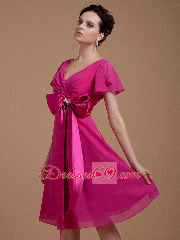 Fuchsia Prom / Homecoming Dress With Bowknot Short Sleeves Knee-length Chiffon