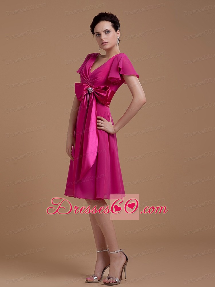 Fuchsia Prom / Homecoming Dress With Bowknot Short Sleeves Knee-length Chiffon