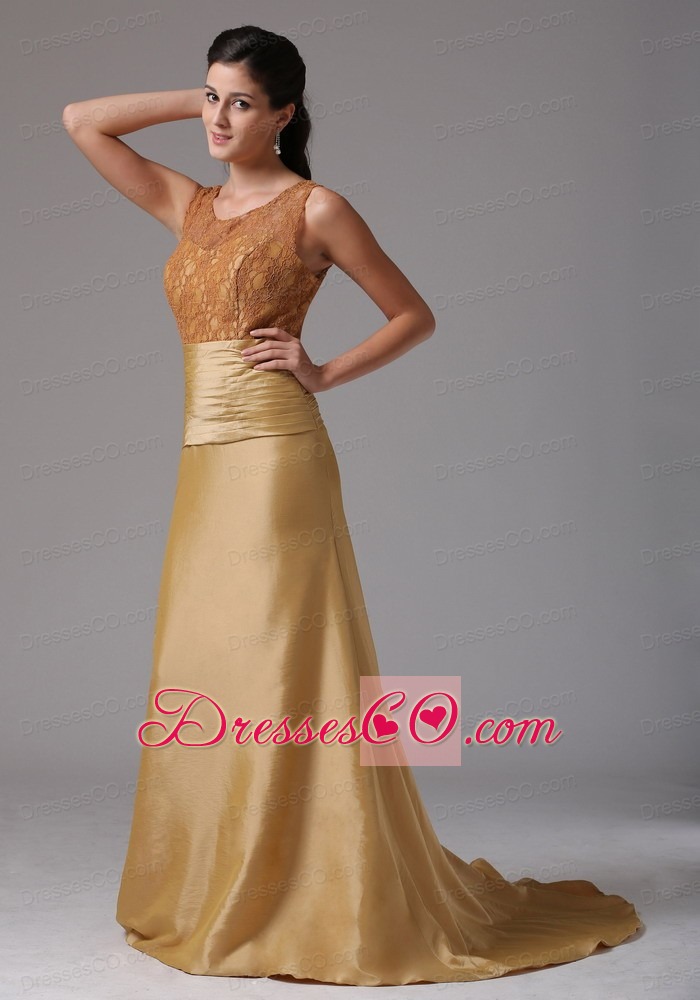Custom Made Gold Scoop Ruching and Lace Prom Dress With Satin 2013