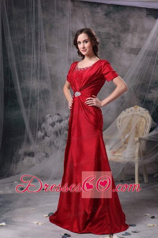 Red A-line Scoop Brush Train Taffeta Beading and Ruching Mother Of The Bride Dress