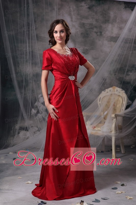Red A-line Scoop Brush Train Taffeta Beading and Ruching Mother Of The Bride Dress