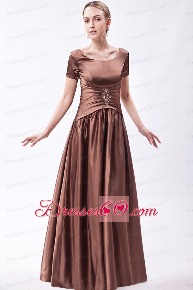 Brown A-line Scoop Long Taffeta Beading Prom Dress