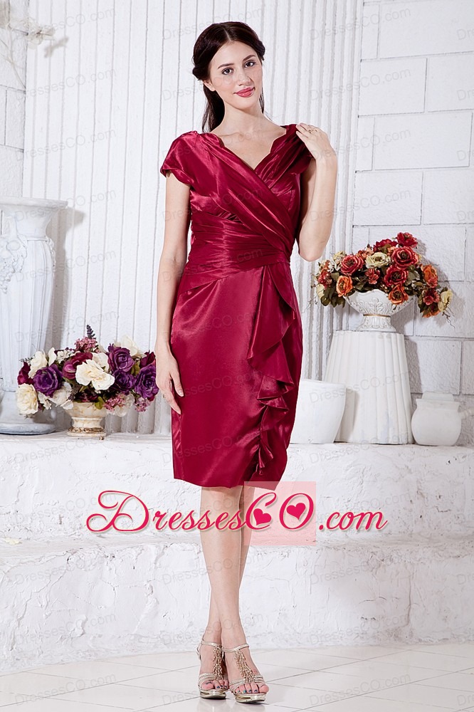Wine Red Column V-neck Knee-length Taffeta Ruching Mother Dress