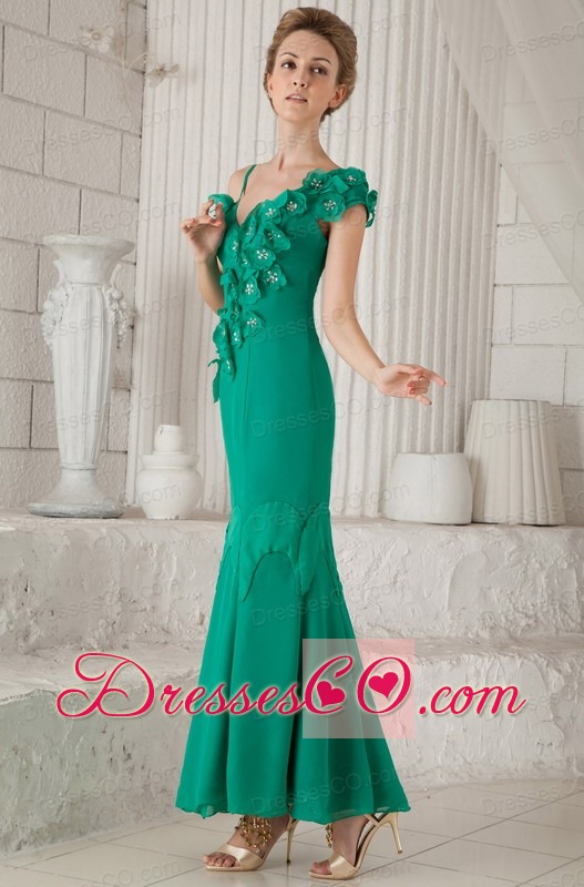Turquoise Column / Sheath Asymmetrical Ankle-length Chiffon Hand Made Flowers Mother Of The Bride Dress