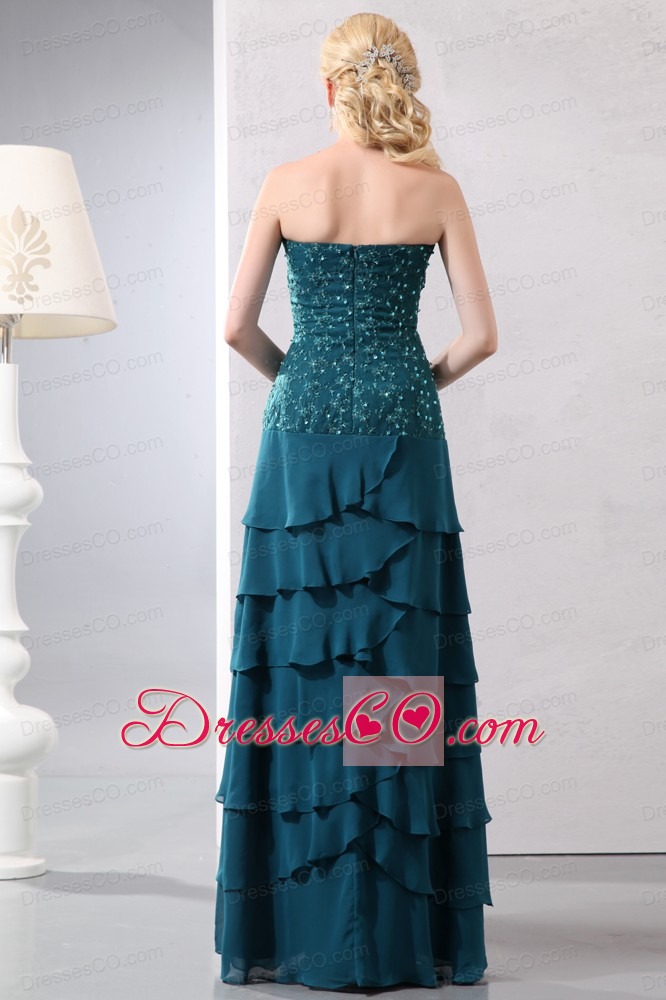 Turquoise Column Strapless Long Chiffon Beading Prom Dress