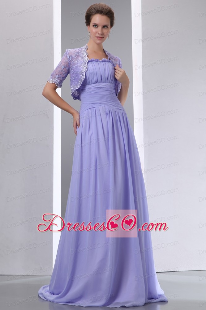 Lilac A-line Spaghetti Straps Brush Chiffon Ruching Prom Dress