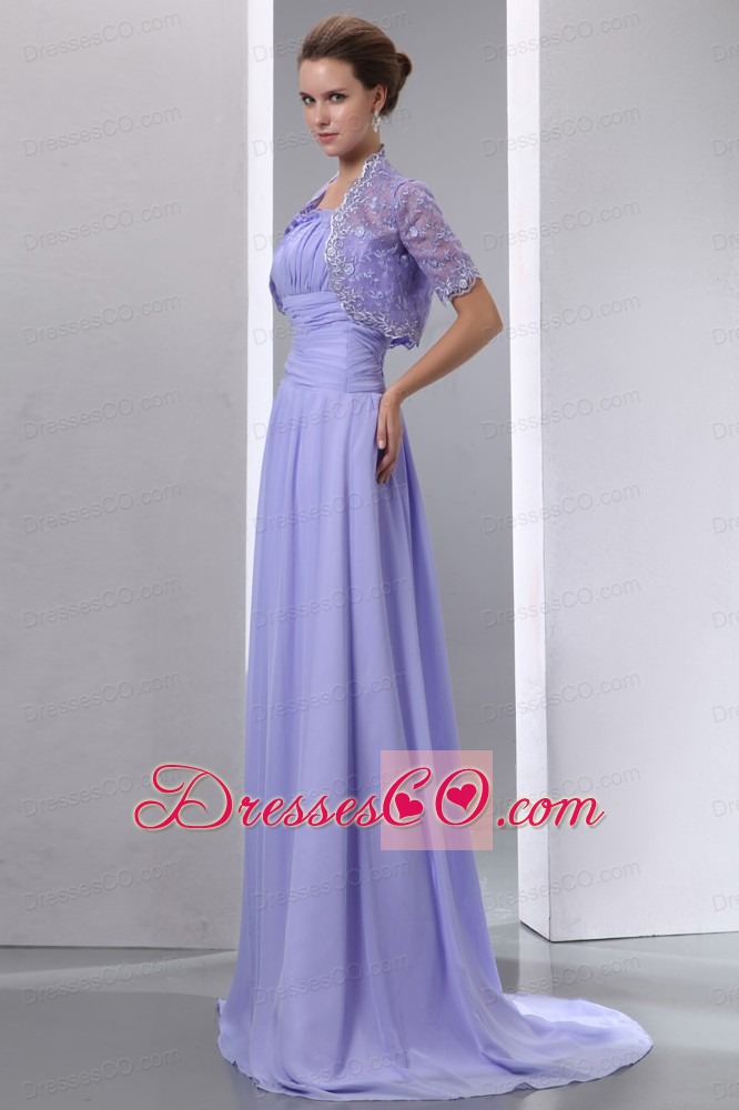 Lilac A-line Spaghetti Straps Brush Chiffon Ruching Prom Dress