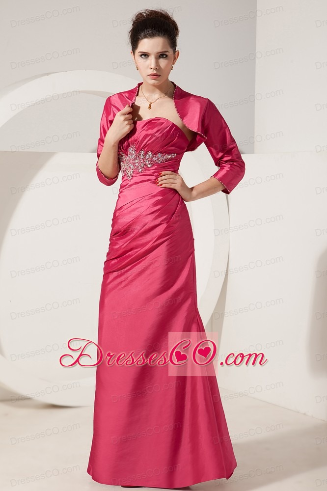 Coral Red Column Strapless Long Satin Beading Mother Of The Bride Dress