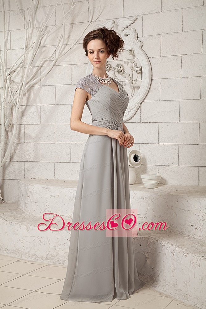 Grey Empire V-neck Long Chiffon Lace Mother Of The Bride Dress