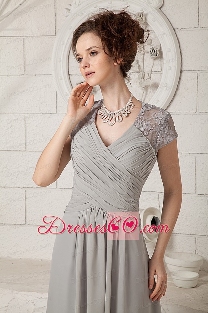 Grey Empire V-neck Long Chiffon Lace Mother Of The Bride Dress