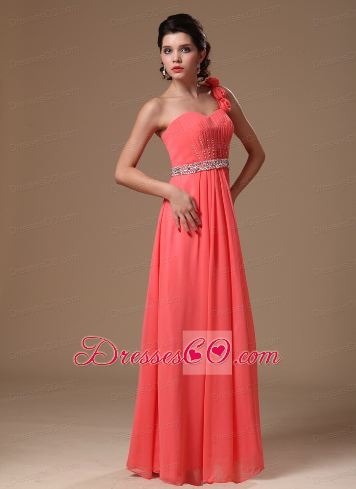 One Shoulder Watermelon Beaded Decorate Waist Chiffon Hand Made Flowers Prom Gowns