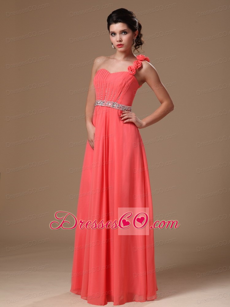 One Shoulder Watermelon Beaded Decorate Waist Chiffon Hand Made Flowers Prom Gowns