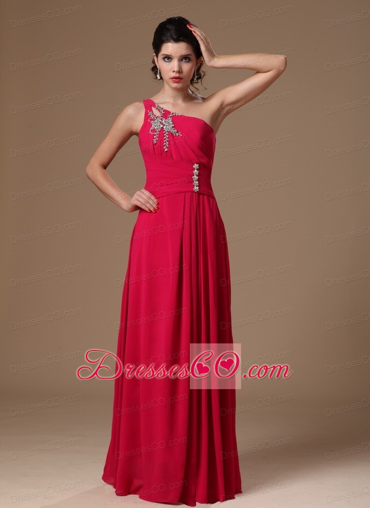 Coral Red One Shoulder Long Beaded Customize New Arrival Prom Gowns