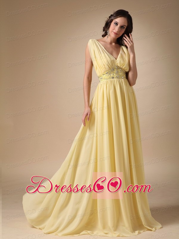 Yellow Chiffon V-neck Beaded Long Prom Dress