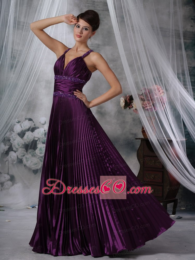 Purple Column / Sheath Straps Long Taffeta Beading Prom Dress