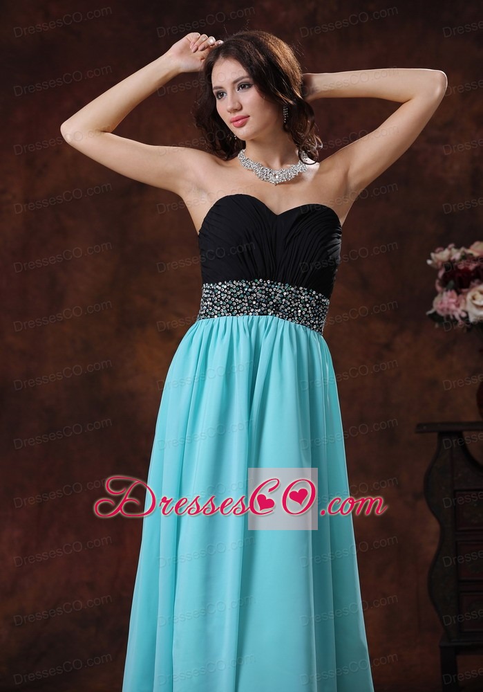 New Style Beaded Decorate Waist Black and Blue Prom Dress