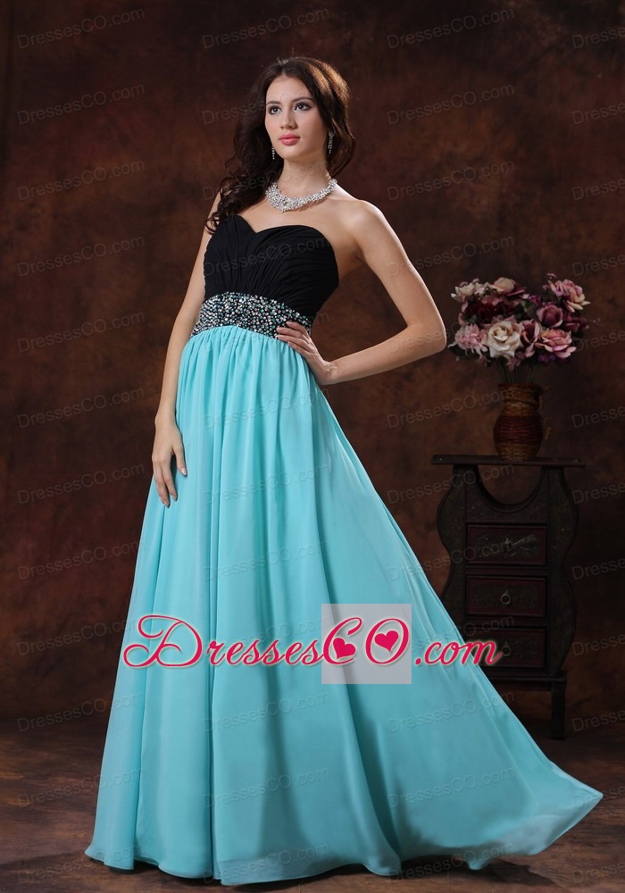New Style Beaded Decorate Waist Black and Blue Prom Dress