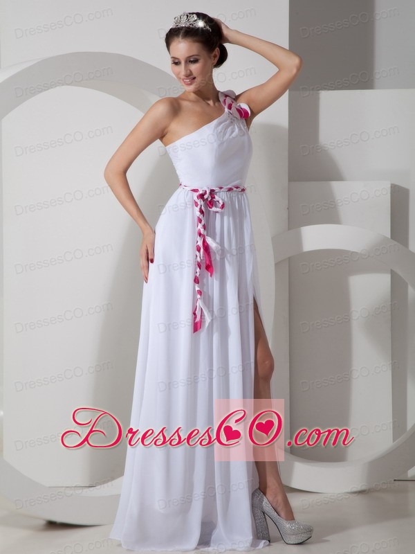 Custom Made White Chiffon One Shoulder Prom Dress with Sash